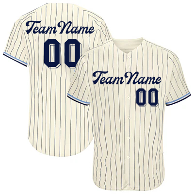 Women Custom Navy Pinstripe Light Blue-Navy Beige Authentic Baseball Jersey