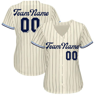 Women Custom Navy Pinstripe Light Blue-Navy Beige Authentic Baseball Jersey