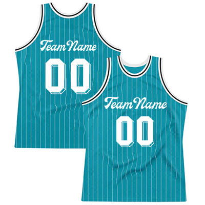 Men Custom Teal White Pinstripe White-Black Authentic Basketball Jersey