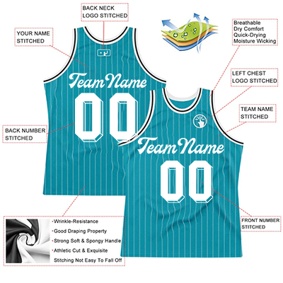 Men Custom Teal White Pinstripe White-Black Authentic Basketball Jersey