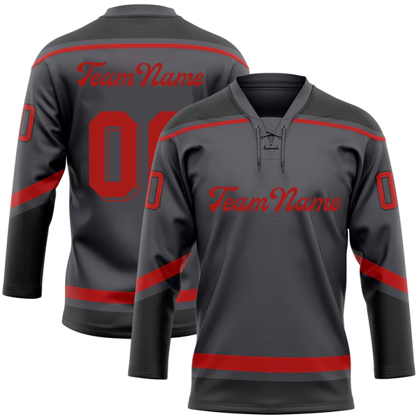 Men Custom Black Grey-Red Hockey Lace Neck Jersey