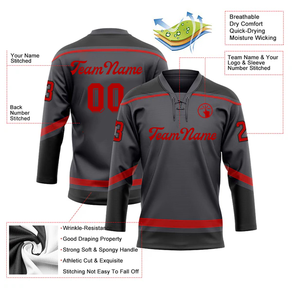 Men Custom Black Grey-Red Hockey Lace Neck Jersey