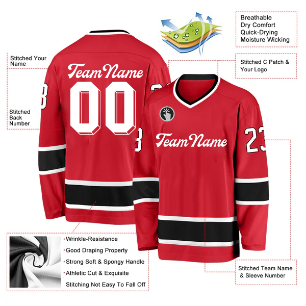 Men Custom Red White-Black Hockey Jersey