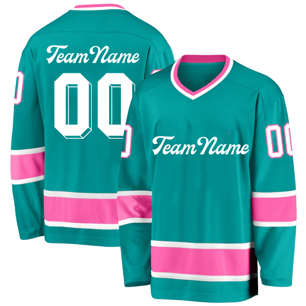 Men Custom Aqua White-Pink Hockey Jersey