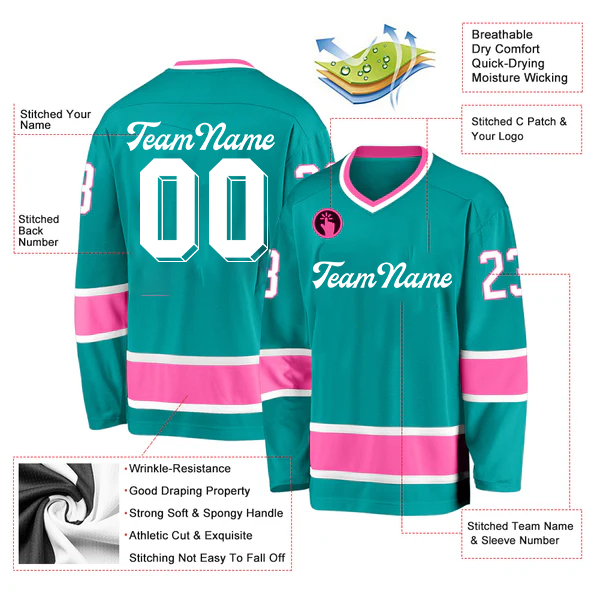 Men Custom Aqua White-Pink Hockey Jersey