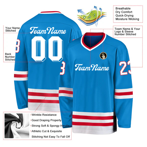 Men Custom Light Blue Red-White Hockey Jersey