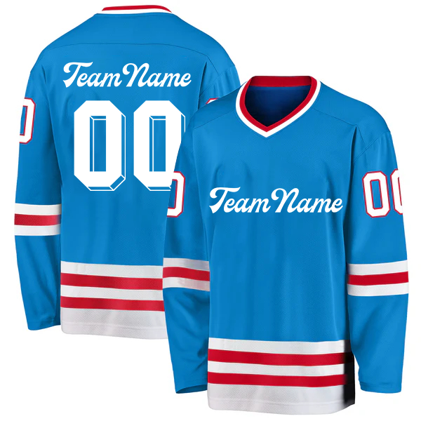 Men Custom Light Blue Red-White Hockey Jersey