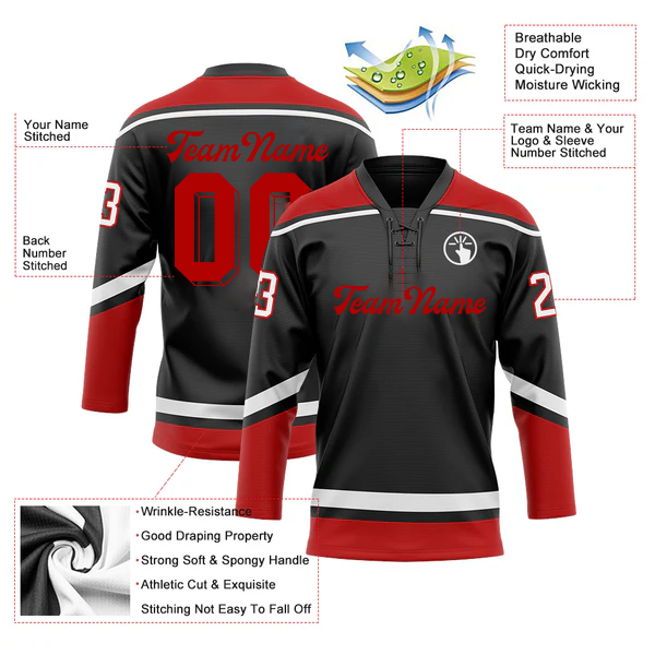 Men Custom Black White-Red Hockey Lace Neck Jersey