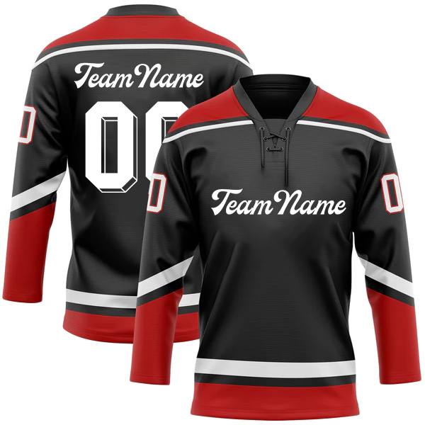 Men Custom Black White-Red Hockey Lace Neck Jersey