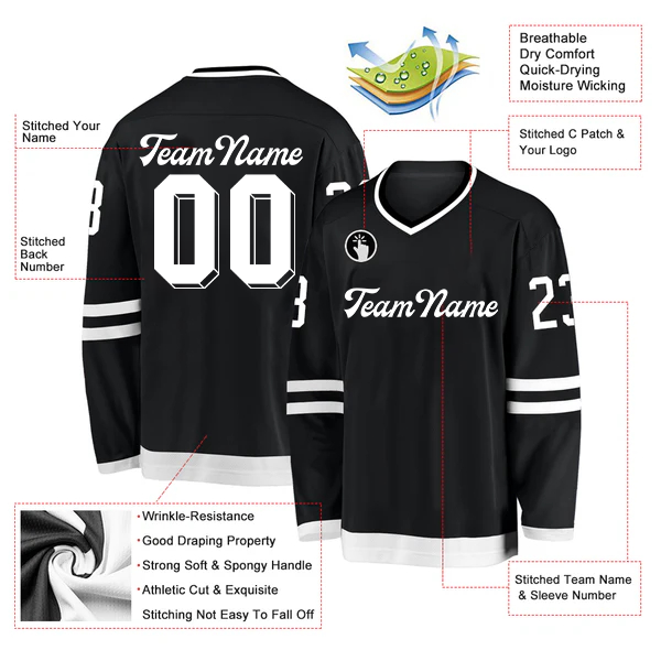 Men Custom Black White Hockey Lace Neck Jersey