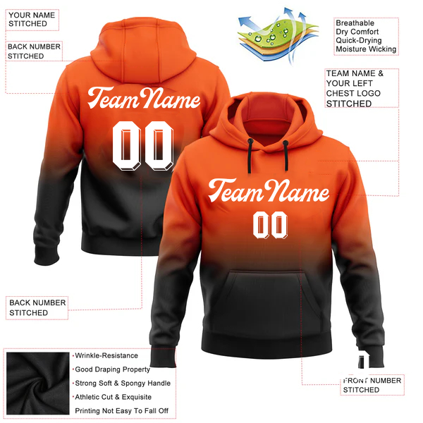 Men Custom Stitched Black Orange-White Fade Fashion Sports Pullover Sweatshirt Hoodie