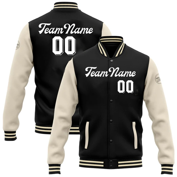 Men Custom Black Cream Bomber Full-Snap Varsity Letterman Two Tone Jacket