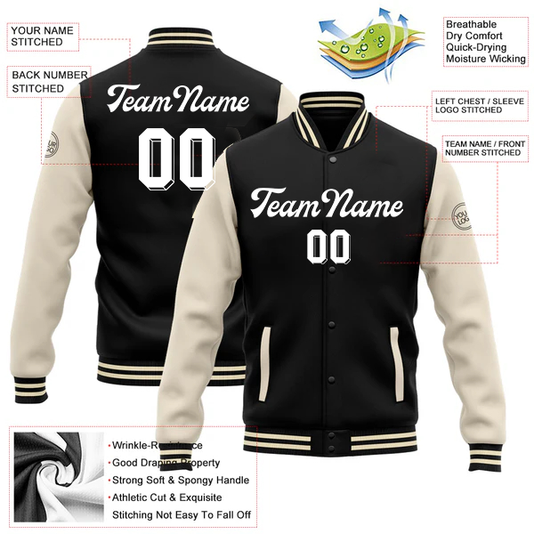 Men Custom Black Cream Bomber Full-Snap Varsity Letterman Two Tone Jacket