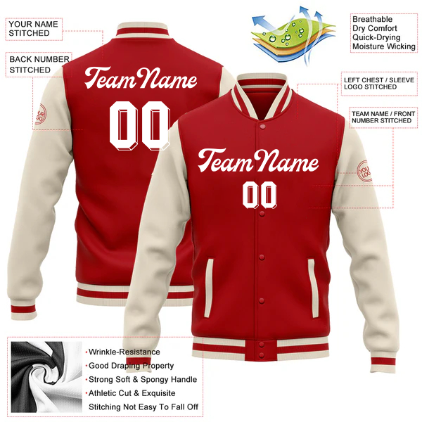 Men Custom Red Cream Bomber Full-Snap Varsity Letterman Two Tone Jacket