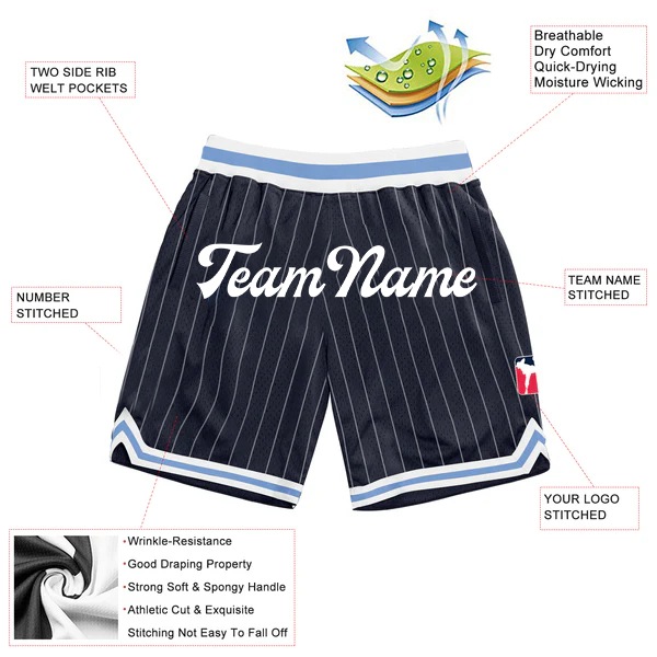 Men Custom Navy White Pinstripe White-Light Blue Authentic Basketball Shorts