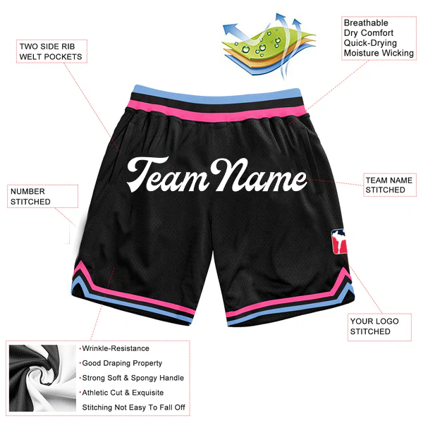 Men Custom Black Light Blue-Pink Authentic Throwback Basketball Shorts