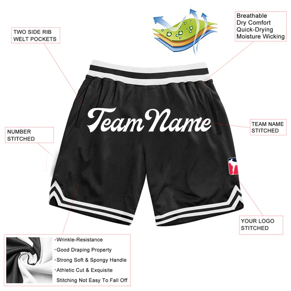 Men Custom Black White Authentic Throwback Basketball Shorts