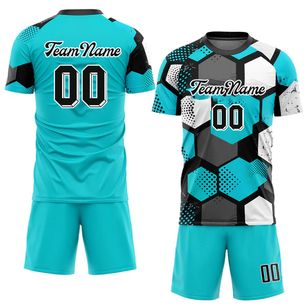 Men Custom Aqua Black-White Sublimation Soccer Uniform Jersey