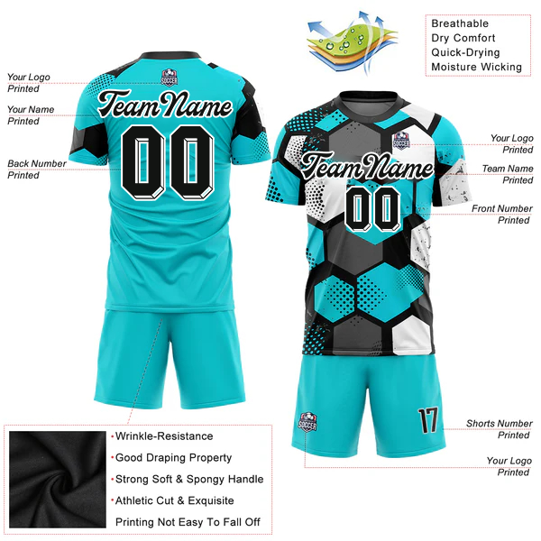 Men Custom Aqua Black-White Sublimation Soccer Uniform Jersey