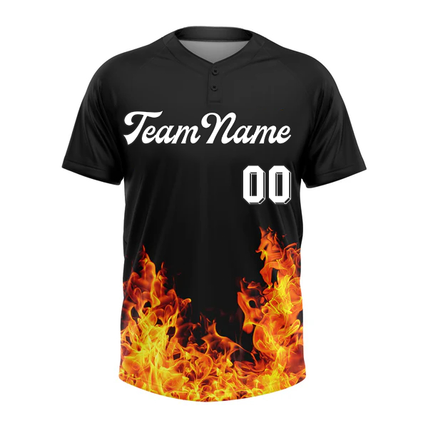 Men Custom Black Red-Gold 3D Pattern Design Flame Two-Button Unisex Softball Jersey