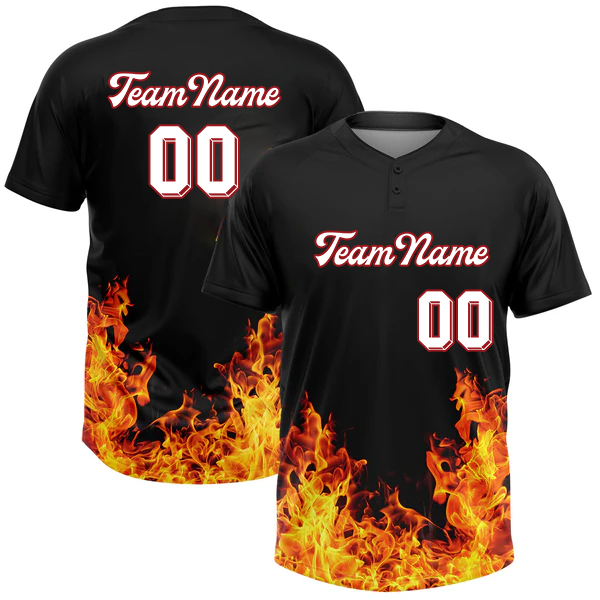 Men Custom Black Red-Gold 3D Pattern Design Flame Two-Button Unisex Softball Jersey