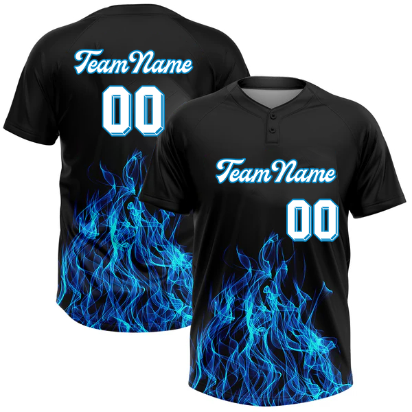 Men Custom Black Blue 3D Pattern Design Flame Two-Button Unisex Softball Jersey