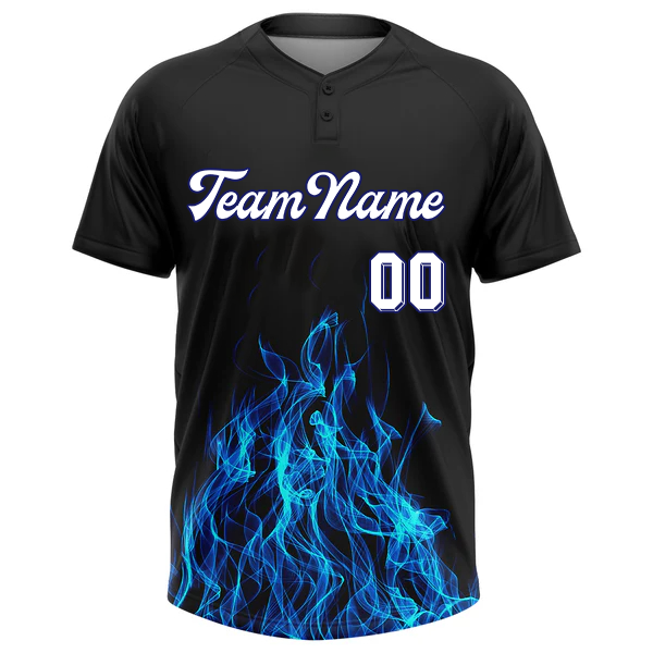 Men Custom Black Blue 3D Pattern Design Flame Two-Button Unisex Softball Jersey