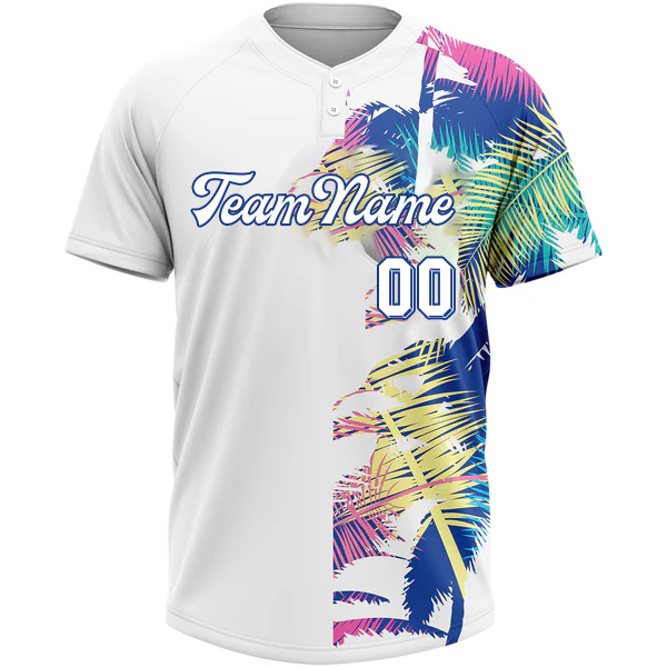 Men Custom White Light Blue 3D Pattern Hawaii Palm Trees Two-Button Unisex Softball Jersey