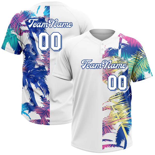 Men Custom White Light Blue 3D Pattern Hawaii Palm Trees Two-Button Unisex Softball Jersey