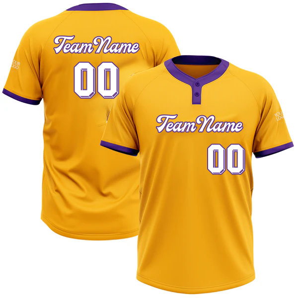 Men Custom Gold Purple White Two-Button Unisex Softball Jersey