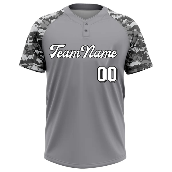 Men Custom Gray Black-Camo 3D Pattern Two-Button Unisex Softball Jersey