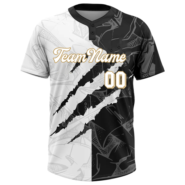 Men Custom Graffiti Pattern Black-Old Gold 3D Two-Button Unisex Softball Jersey