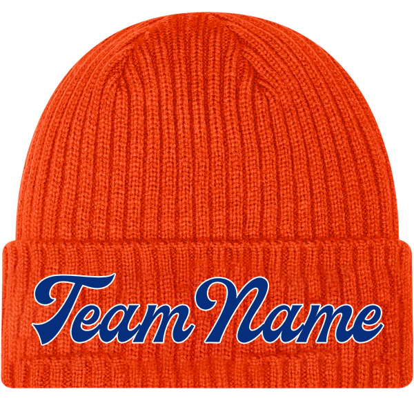 Custom Orange Light Blue Stitched Cuffed Knit Hat