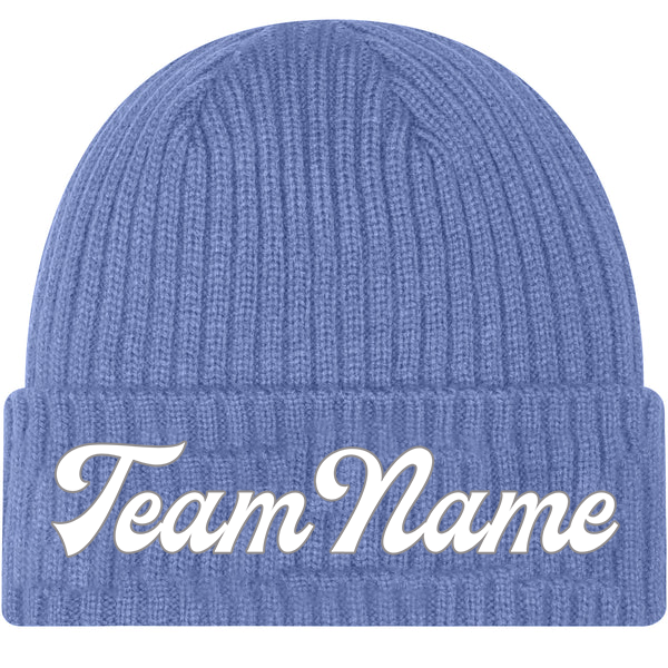 Custom Light Blue-White Stitched Cuffed Knit Hat