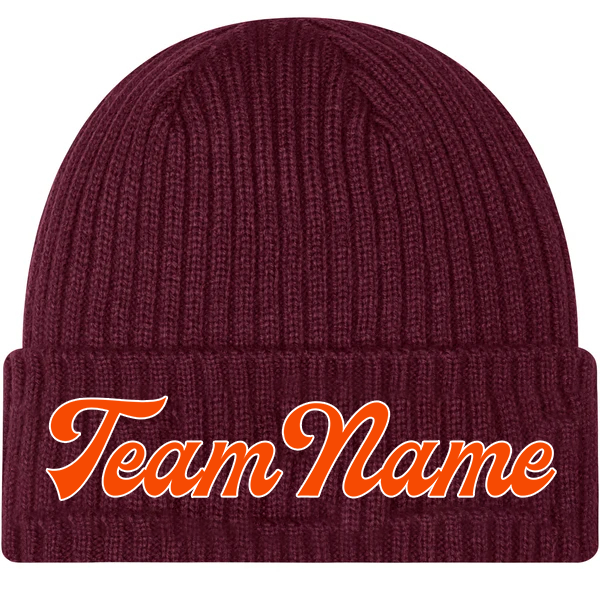 Custom Wine Red Orange-Stitched Cuffed Knit Hat