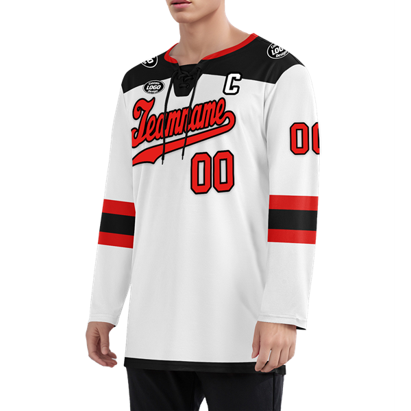 Men Custom White Black-Red Hockey Jersey