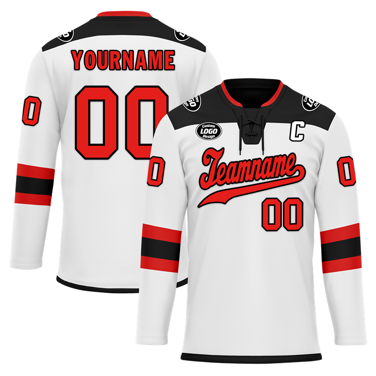 Men Custom White Black-Red Hockey Jersey