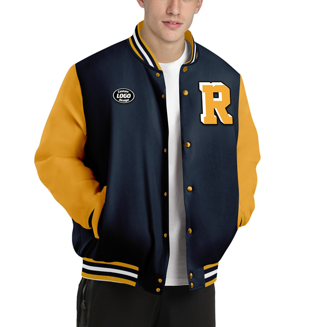 Men Custom Navy Blue Yellow Letterman Two-Tone Jacket