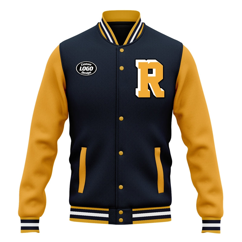 Men Custom Navy Blue Yellow Letterman Two-Tone Jacket