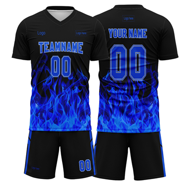 Men Custom Figure Black-Blue Flame Sublimation Soccer Uniform Jersey