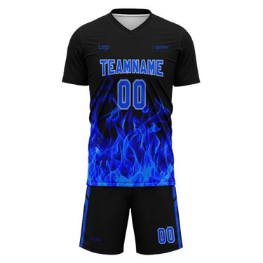 Men Custom Figure Black-Blue Flame Sublimation Soccer Uniform Jersey