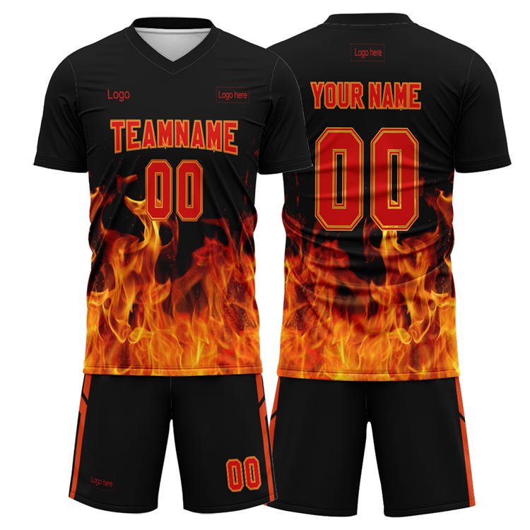 Men Custom Figure Black-Red Flame Sublimation Soccer Uniform Jersey